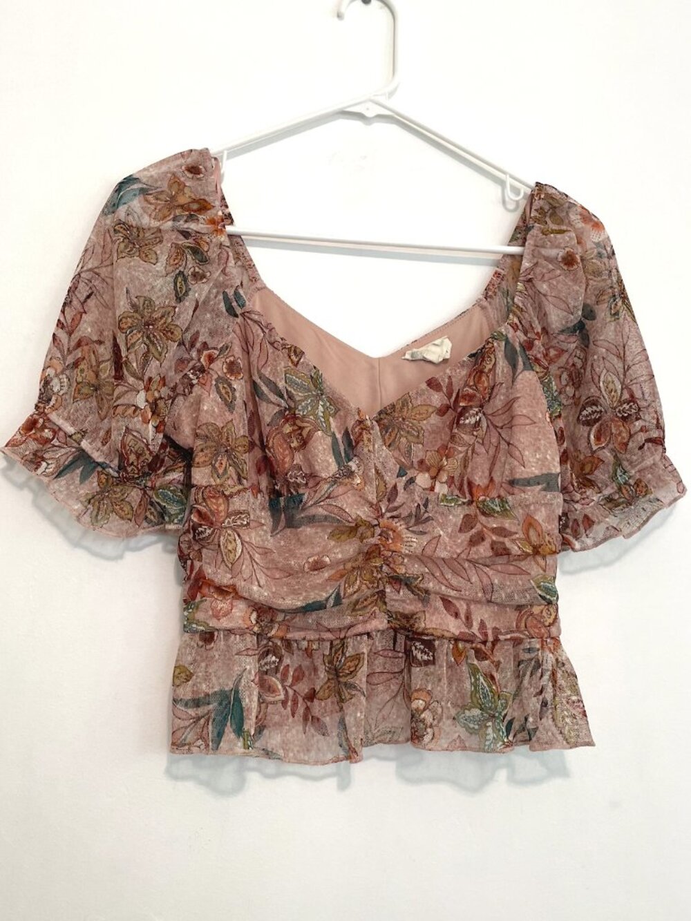 MERAKI Mauve Pink Floral Mesh Ruched Short Sleeve Puff Sleeve Crop Top Blouse L